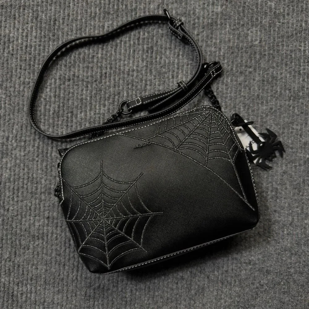 Aldo Black Silver Spider Web Purse Crossbody Bag Spider Charm Halloween Goth NEW